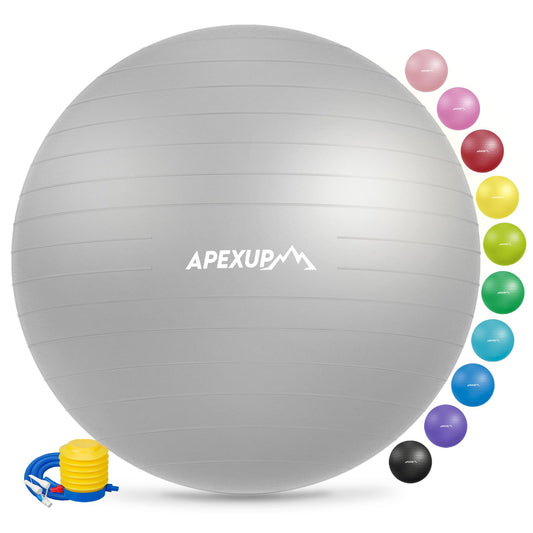 APEXUP Yoga Ball Exercise Ball, Anti Slip Stability Ball Chair, Heavy Duty Large Gym Ball for Fitness, Balance, Core Workout and Physical Therapy (S (15"~18") 45cm, Silver)