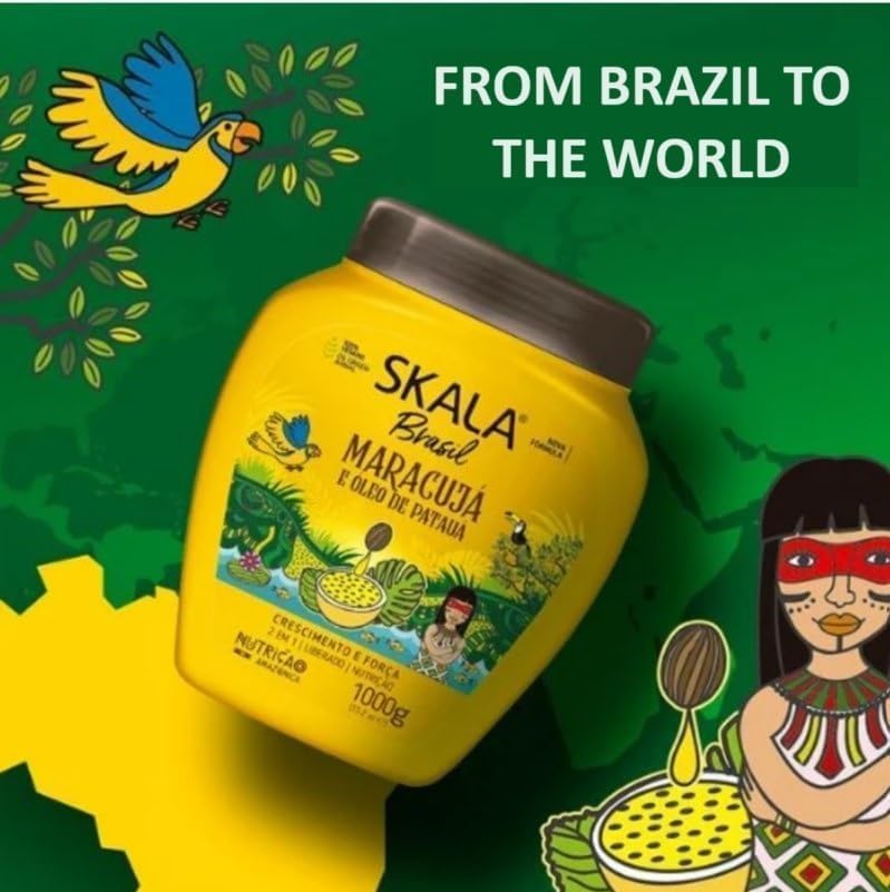 Skala Brazilian Hair Care Kit – 4 Pieces: Maracujá Shampoo & Conditioner 325ml Each + Blue Mais Cachos 35.2 oz + Maracujá 35.2 oz + Mais Crespos + Color Care Packet Packet + Free Comb (Color May Vary)