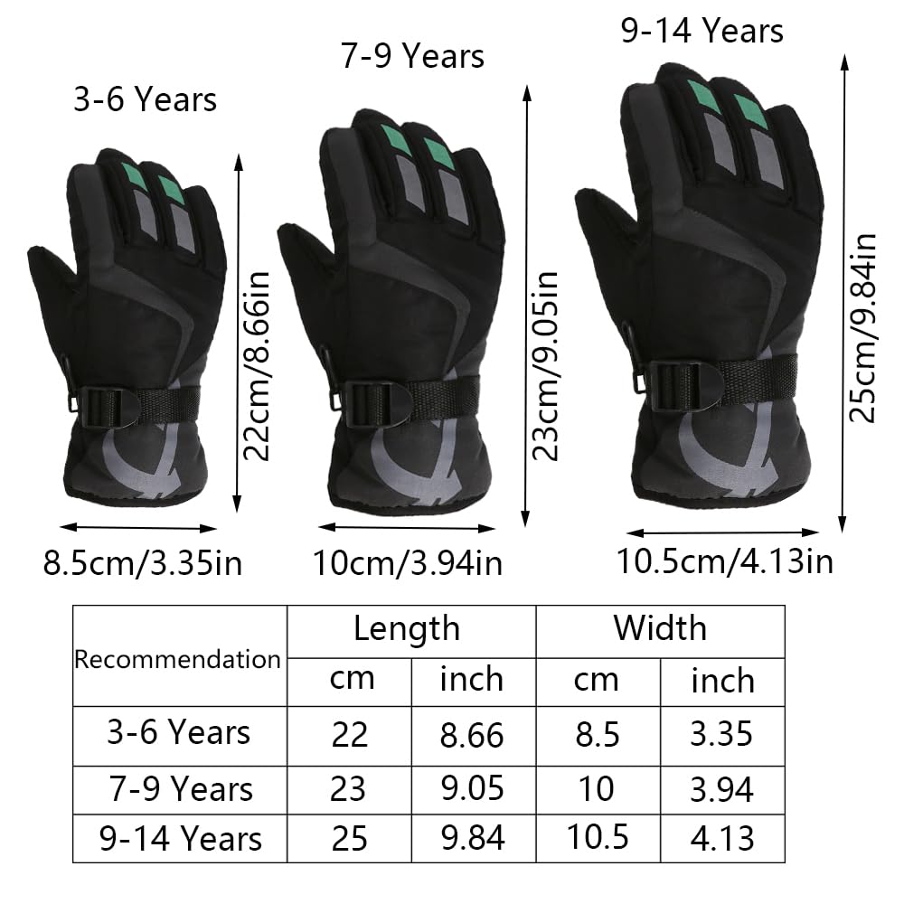 OCIGLUE Children Ski Gloves, Thermal Snowboarding Gloves - for Kids Boys and Girls，Kids Winter Ski Gloves Waterproof Snow Warm Full Finger Snow Gloves-Black/Grey