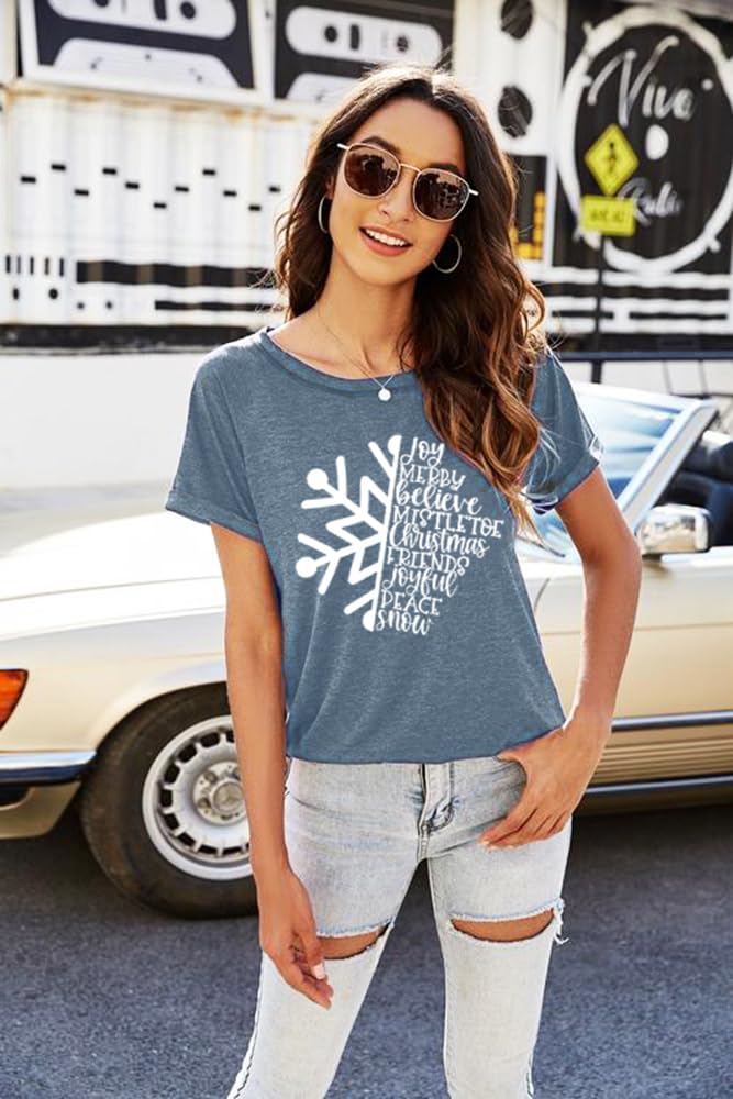 Merry Christmas Snowflake Shirt Women Xmas Winter T-Shirt Santa Family Outfit Joyful Faith Believe Blessed Top, Ink Blue S