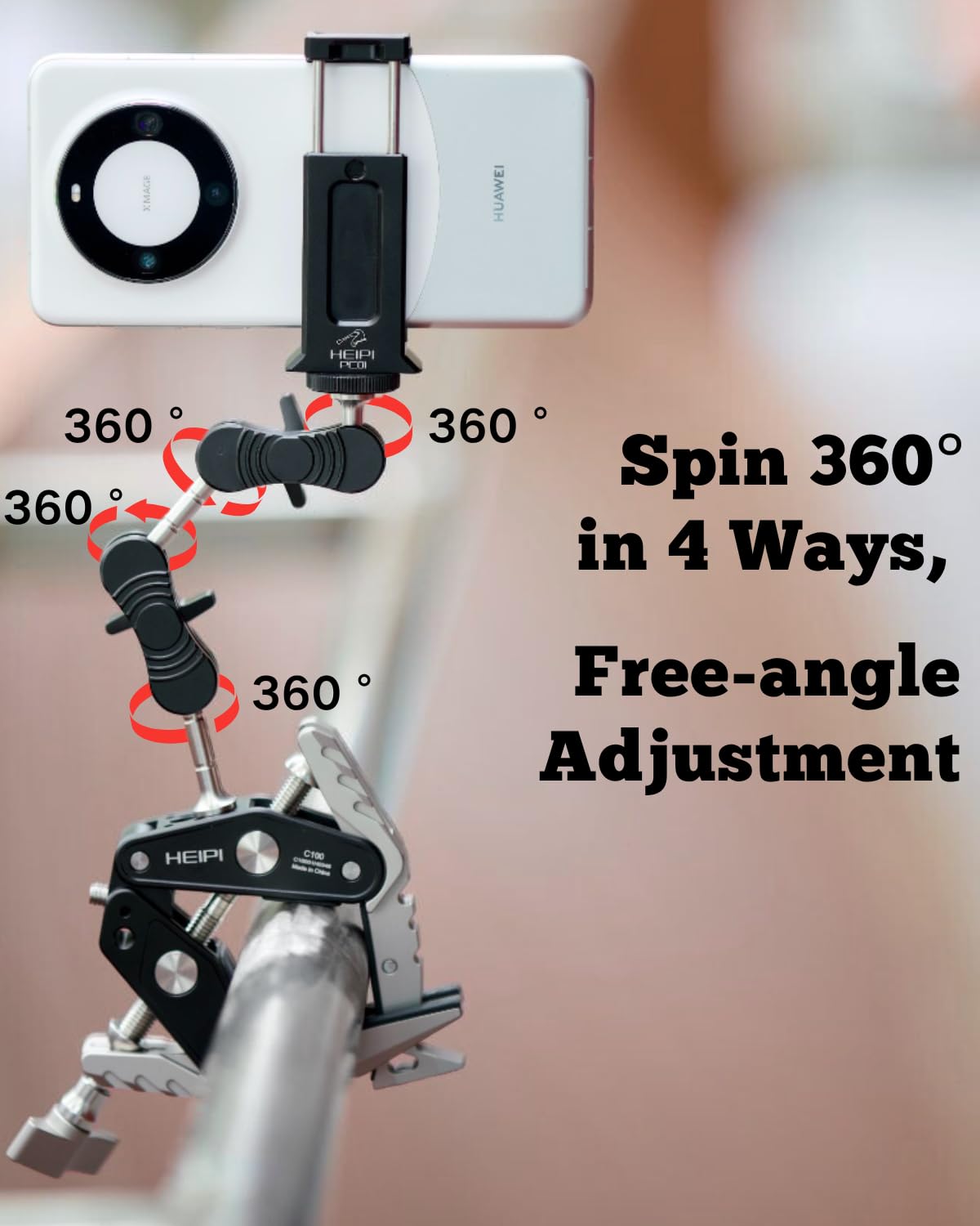 HEIPI Super Clamp Phone Camera Mount Holder [2-in-1 Clamp & Stand] with Four 360°Rotation Long Magic Arm Phone Clip Mount Adapter Holder for Phone/Gopro/Canon/Nikon/Camera/Insta360/Pocket/Action