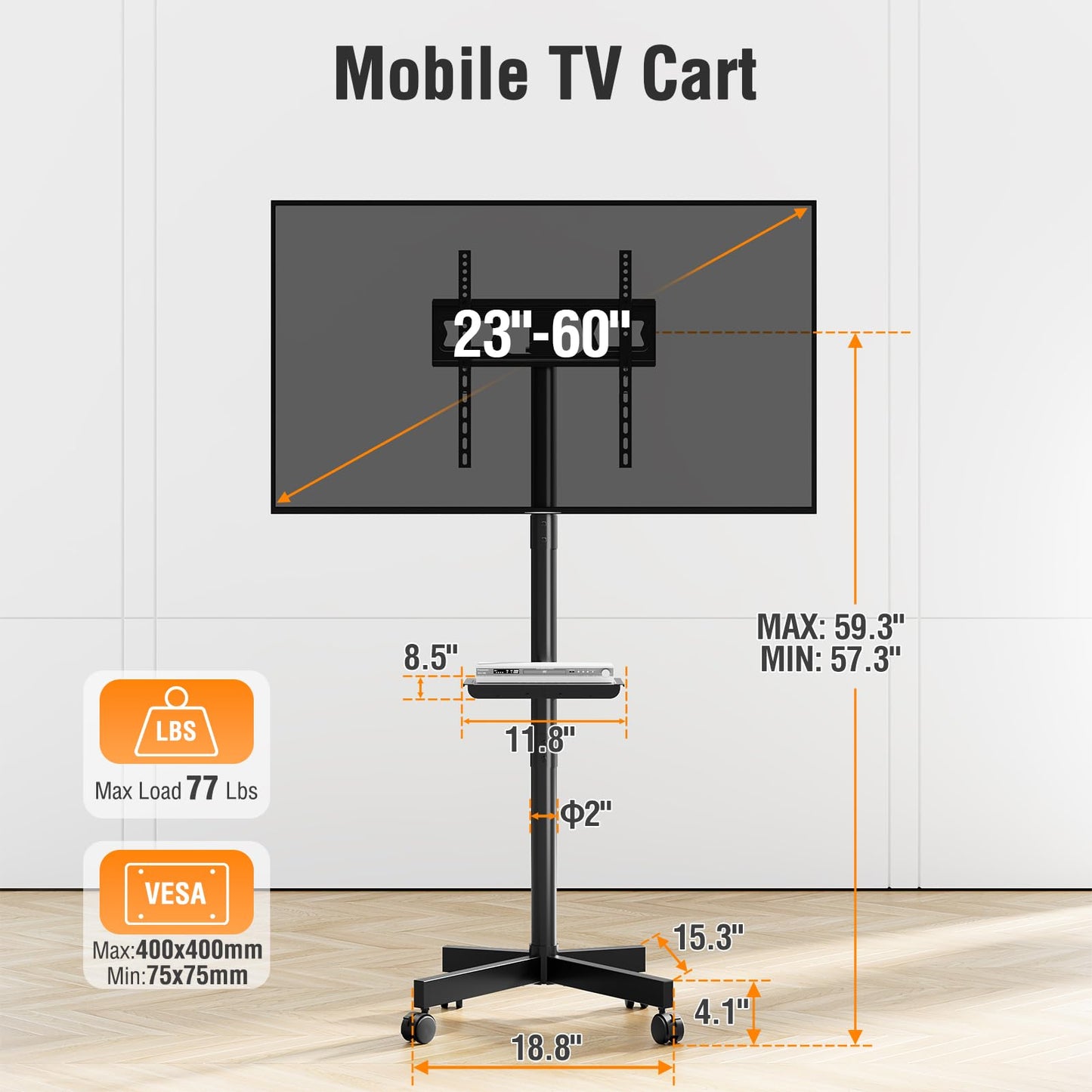 ELIVED Mobile TV Stand for 23-60 Inch Flat Screen TVs, Tilt TV Cart with Adjustable Shelf & Locking Wheels, Rolling TV Floor Stand Max VESA 400x400mm, Portable TV Stand Holds Up to 77lbs.