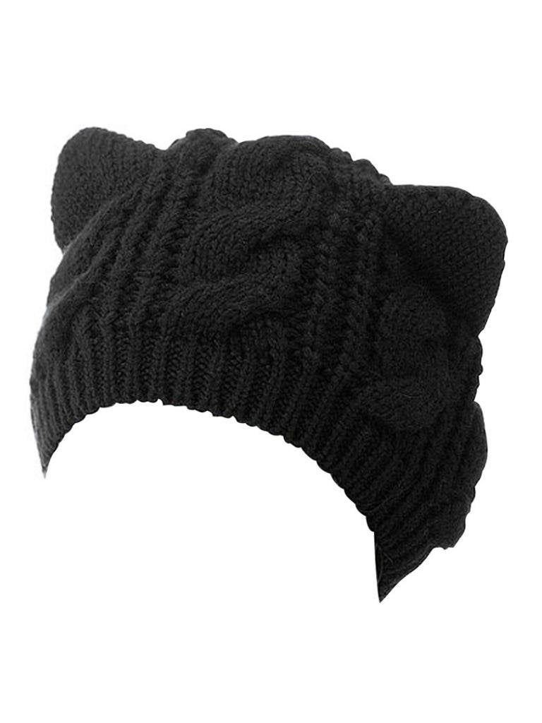 Choies Women's Acrylic Cat Ears Knit Black Beanie Hat,ONESIZE