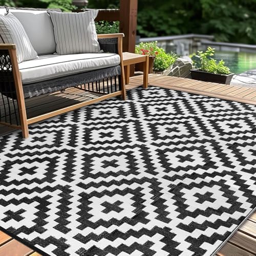 Outdoor Patio Plastic Straw Rug - 4'x6' Outdoor Camping Rug Waterproof Reversible, Area Carpet Patios Clearance RV, Outside Porch Balcony Deck for Camper, Black & White
