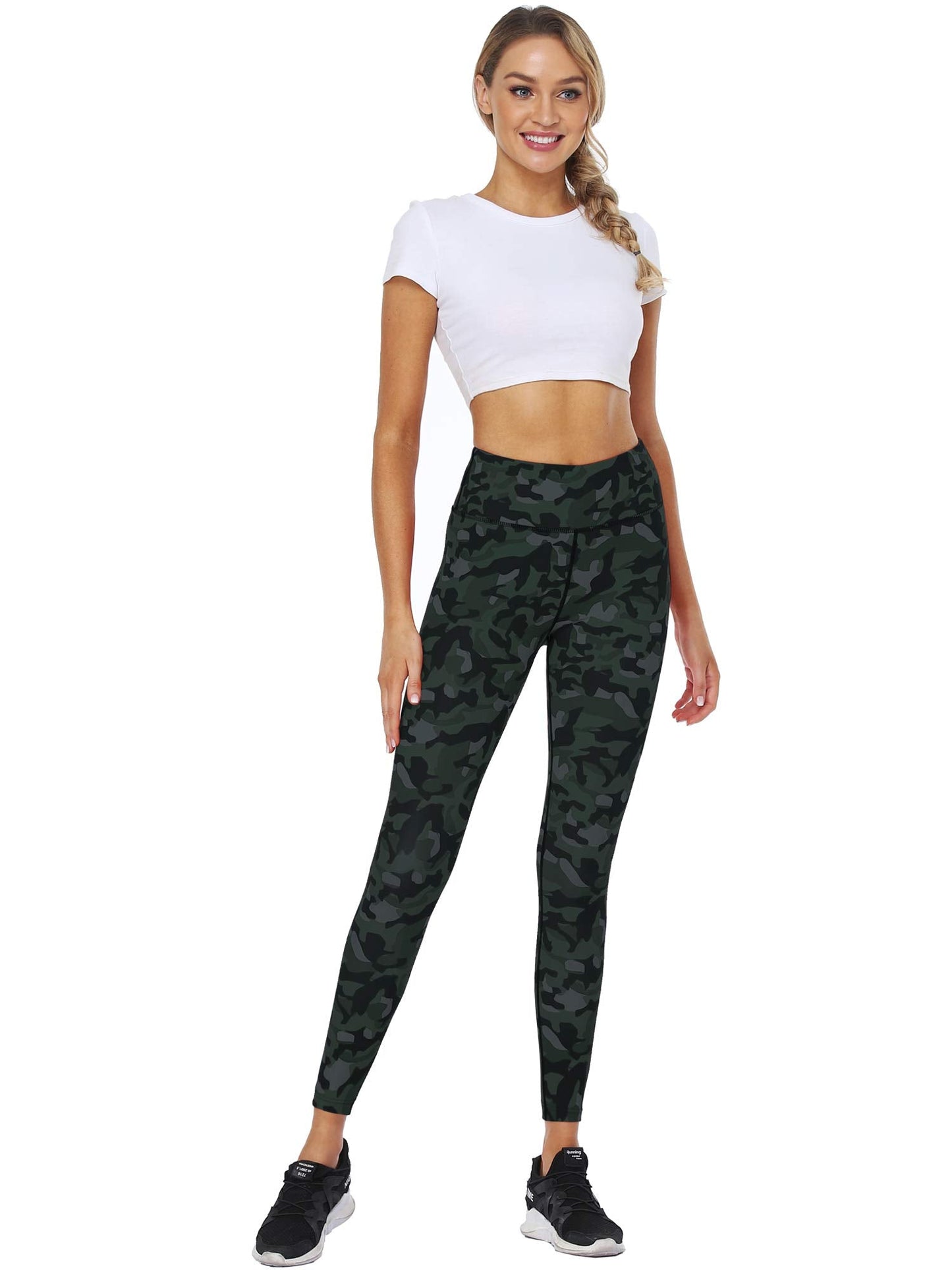 CADMUS Womens High Waist Workout Leggings Running 4 Way Stretch Yoga Pants, Green Camo, X-Large