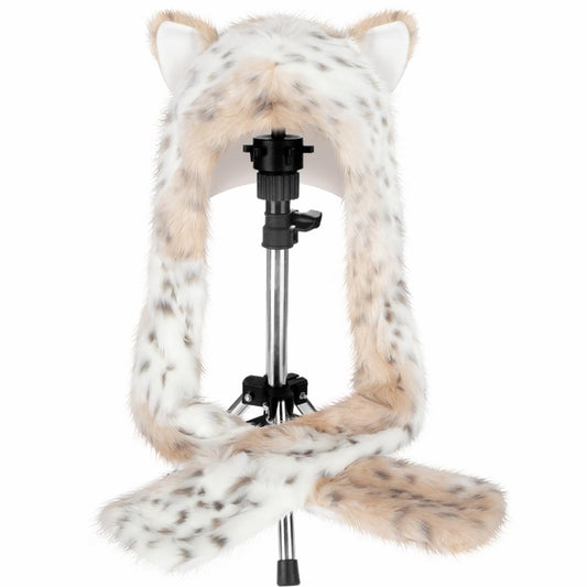 ShellKingdom Plush Novelty Animal Hat,3 in 1 Function Snow Leopard Faux Fur Full Animal Hood Hat Winter Warmer Cap