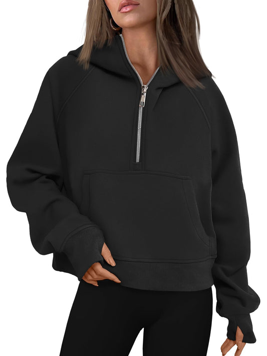 Zeagoo Womens Zip Up Hoodies Fleece Half Zip Sweatshirts Pullover Sweaters Fall Outfits Winter Clothes 2023 Black XXL