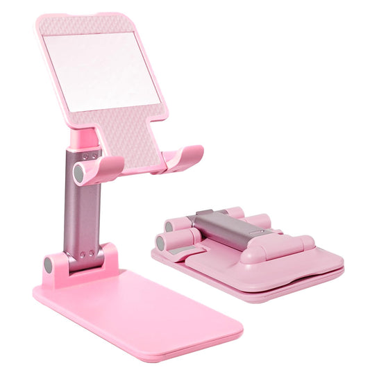 HZZADZXW Cell Phone Stand, Angle Height Adjustable Cell Phone Holder for Desk, Fully Foldable with Silicone Pad, Compatible with iPhone and All Mobile Phones Tablet, Sturdy Weighted Base (Pink)