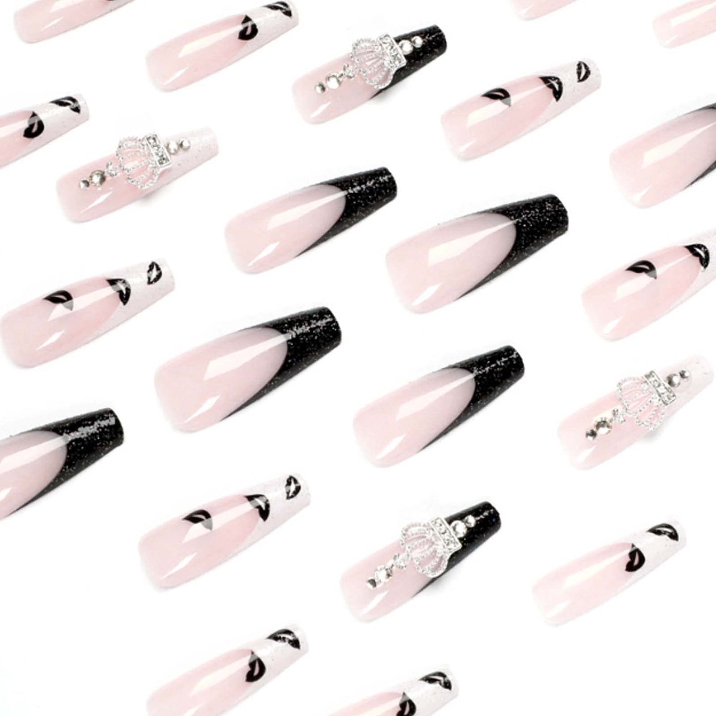 DANMANR Long Press on Nails Square French Fake Nails Full Cover Nude Acrylic False Nails for Women and Girls 24PCS (French Crown Rhinestones)