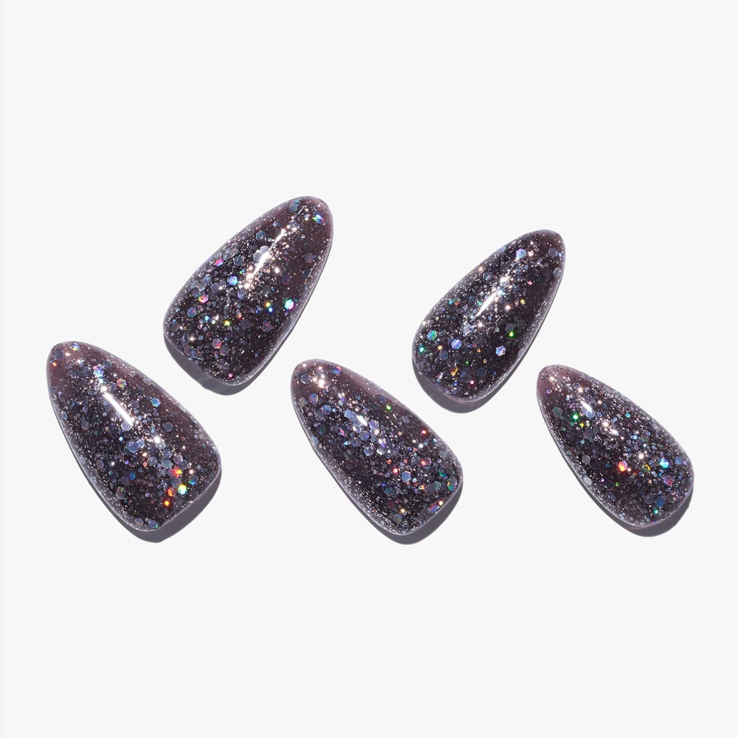 GLAMERMAID Black Press on Nails Medium Almond, Galaxy Glitter Jelly Soft Gel Fake Nails Stiletto, Shrimmer Dark Glossy Glue on Nails Short Oval, Reusable Acrylic Stick on False Nails Kit for Women