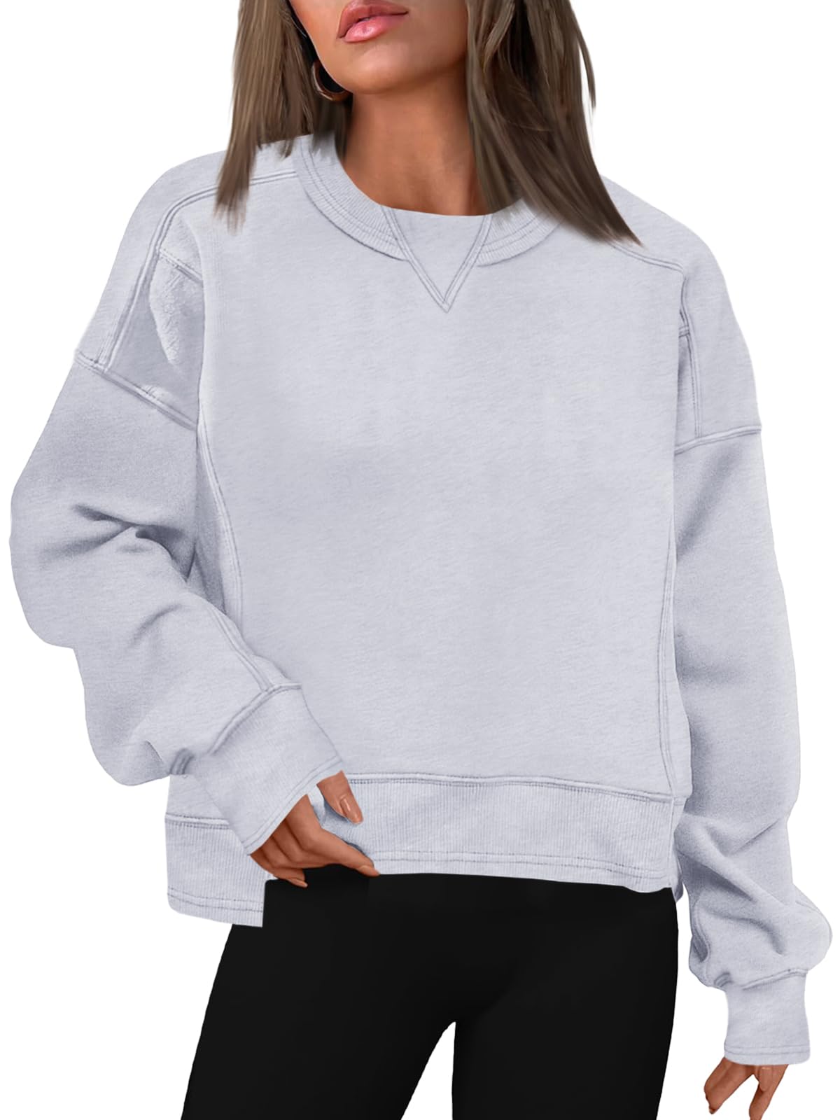 SENSERISE Womens Cropped Crewneck Sweatshirts Oversized Sweatshirt Fleece Pullover Crop Top Winter Fall Outfits (Cream Grey,L)