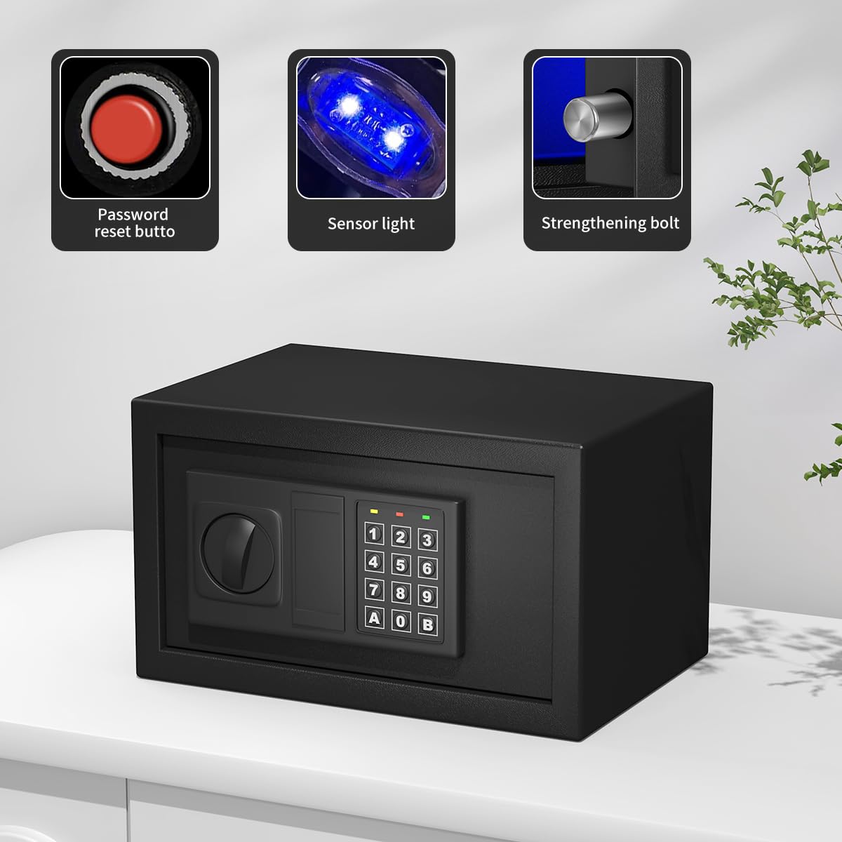 SamYerSafe Safe Box with Sensor Light,Security Lock Box， Steel Construction Hidden Electronic Safe with Lock，0.4 Cubic Feet ，Wall or Cabinet Anchoring Design for Home, Black