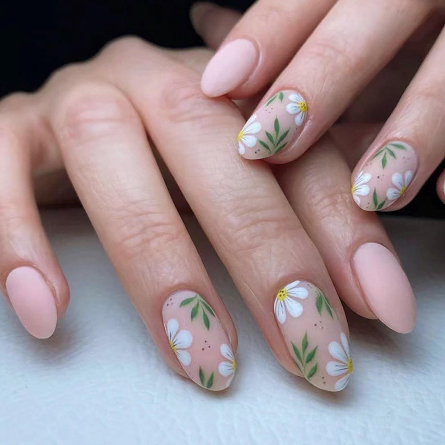 6 Packs (144 Pcs) Press on Nails Short - Jsiallye Flower Press on Nails Almond, Oval French Tip Press on Nails, Glue on Nails in 12 Sizes - 24 Fake Nails Kit, Stick on Nails for Women
