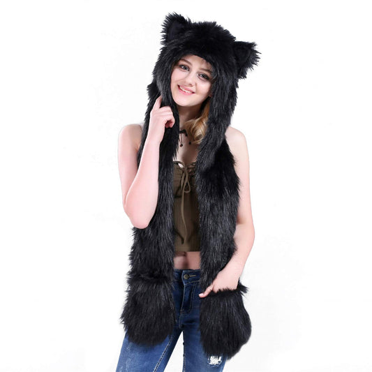 Women Faux Fur Animal Hood Scarf with Glove Pocket Winter Soft Warm Fuzzy Furry Hoodie Ear Flaps Hat, Scarf & Mitten Combo