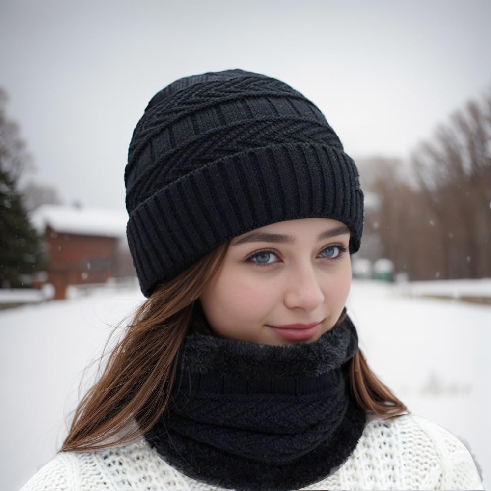 ABUDDER Womens Beanie Hat Scarf Gloves Set, Fleece Lined Winter Hat,Fleece Scarf Touch Screen Gloves and Ear Warmers for Men Women (Black)