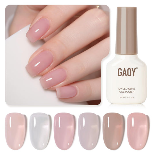 GAOY Jelly Nude Gel Nail Polish Set, 6 Transparent Colors Milky White Pink Brown, Soak Off UV Light Cure Gel Polish for Salon and Nail Art DIY at Home, lcy Milk Tea