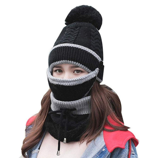3pcs/Set Fashion Women Winter Knitted Hat Thickened Woolen Cap with Warm Mask and Neck Scarf (Black)
