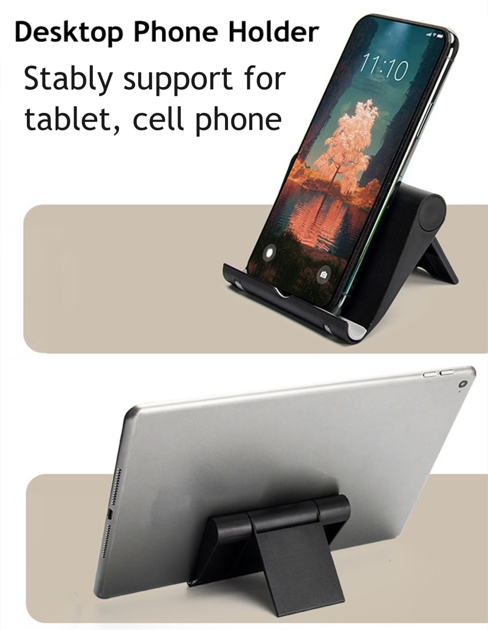 JUSDIQIR Cell Phone Stand for Desk Foldable Cell Phone Holder Desk Tablet Holder Mobile Phone Dock, Multi-Angle Universal Adjustable Tablet Dock (Black)