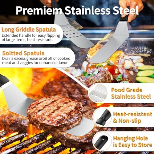 29PCS Griddle Accessories Kit,Flat Top Grill Accessories for Camp Chef Blackstone Griddle Accessories with Enlarged Spatulas,Tongs,Spice Shakers,Basting Cover,Scraper for Outdoor Barbecue