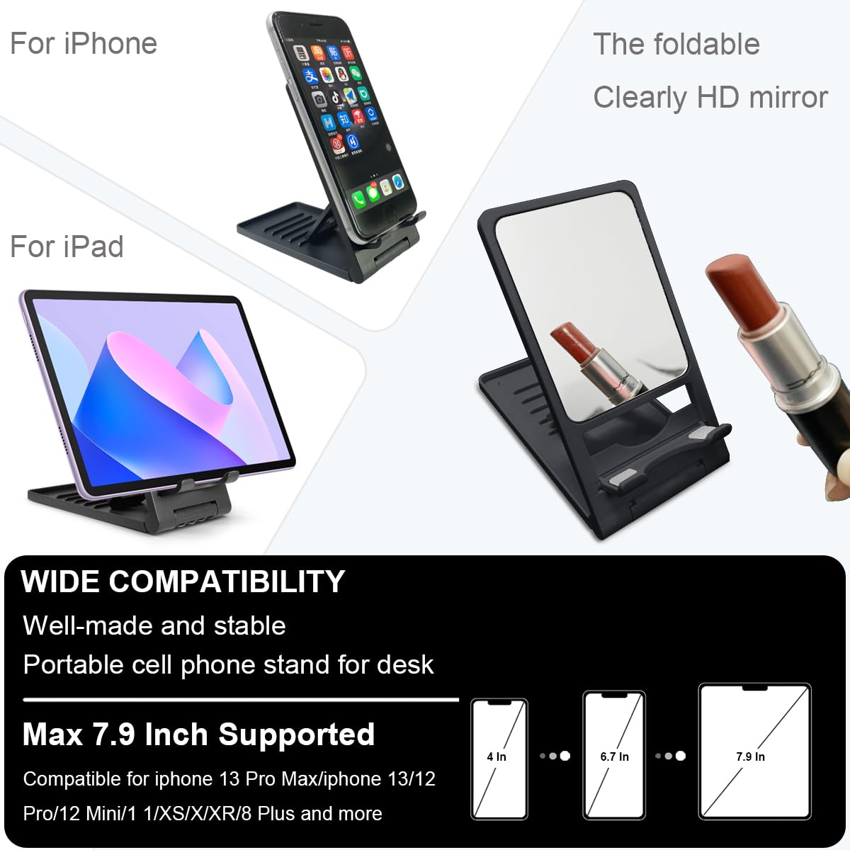 NZRAQK Folding Cell Phone Stand, Foldable Phone Holder for Desk Compatible with Smartphones 15 14 13 12 11 Pro Xs Xs Max Xr X 8, Nintendo Switch, Black