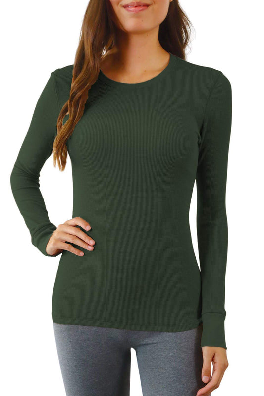 Pure Look Women's Long Sleeve Waffle Knit Stretch Cotton Thermal Underwear Shirt, Small, Crew Neck Olive