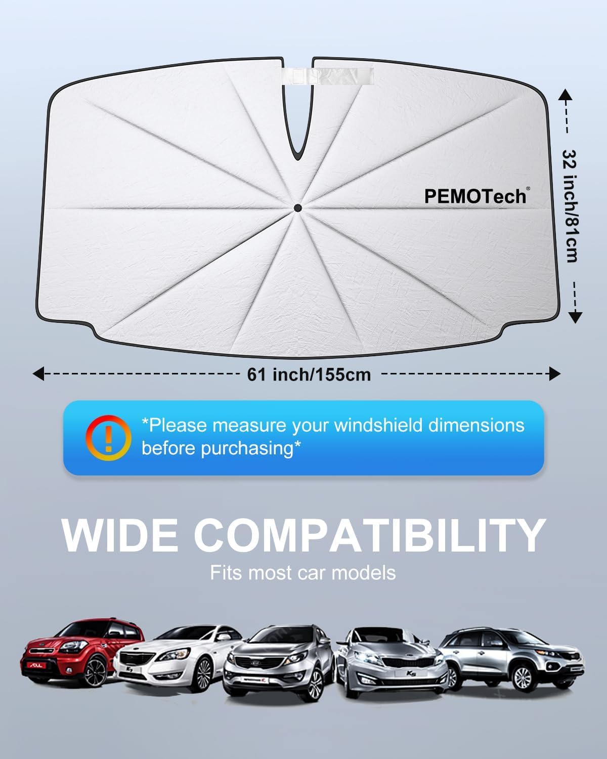 PEMOTech Car Windshield Sunshade Umbrella 10-Layer Nano UV Blocker [Heat Damage Keep Cool] & [Anti-Puncture System] Auto-Folding car Shades for Front Windows Umbrella for Sedan/SUV(61"x32"/155x81cm)