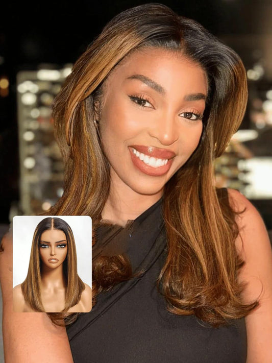 UNICE Bye Bye Knots Glueless 7x5 HD Lace Front Wigs Human Hair Pre Plucked Pre Cut Bleached Knots Dark Roots Brown Blonde Highlight Blunt Bob Wigs Natural Looking 150% Density 10 inch