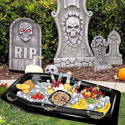 52Inch Inflatable Coffin Cooler Coffin Pool Float Inflatable Cooler Ice Chest Buffet Cooler Drink Beverage for Halloween Party Spooky Decor Cooler Pool Party Picnic Barbecue Party