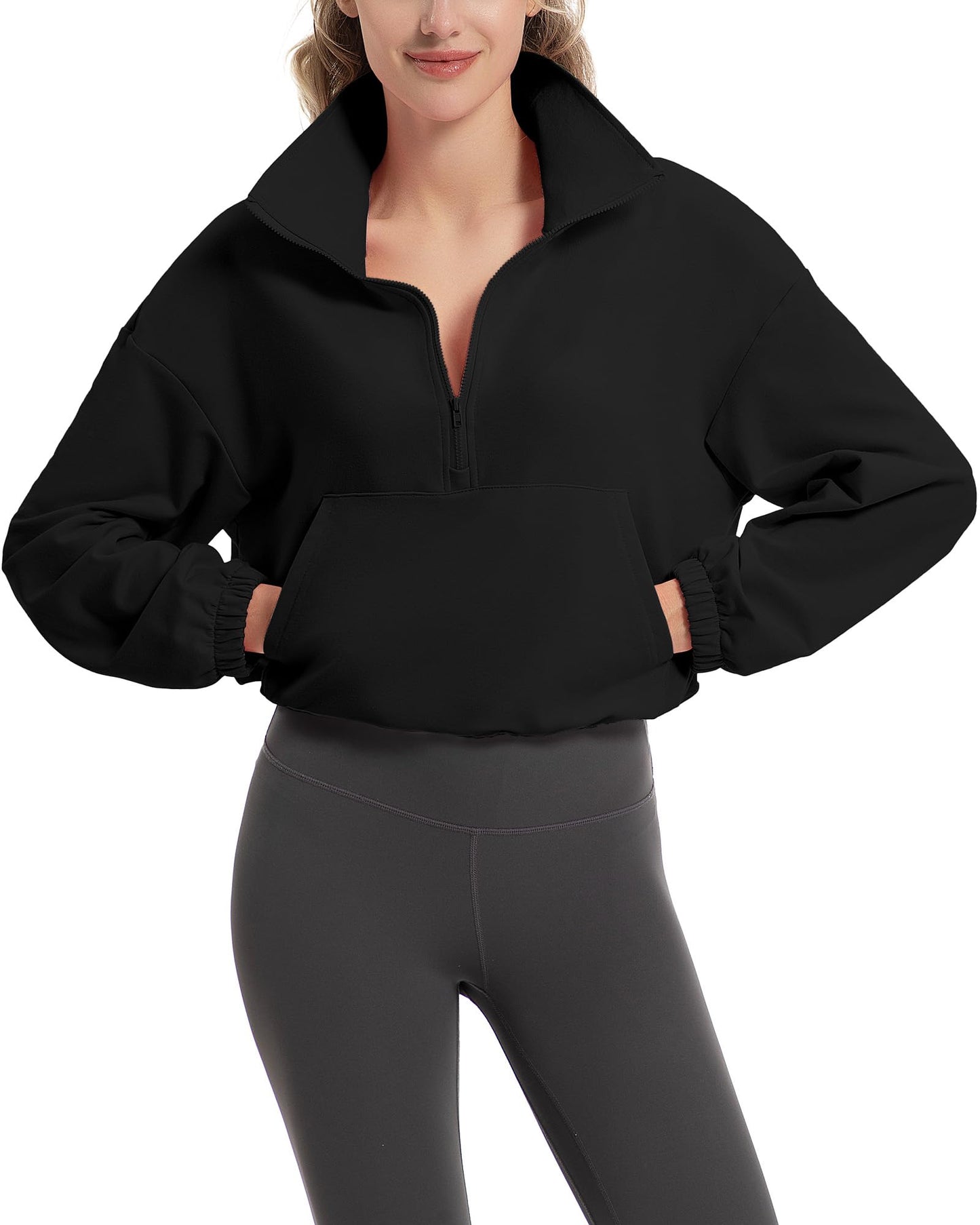 FKEEP Quarter Zip Pullover Women Cropped Sweatshirt Long Sleeve Crop Top Stand Collar Drawstring Casual Pullover Black