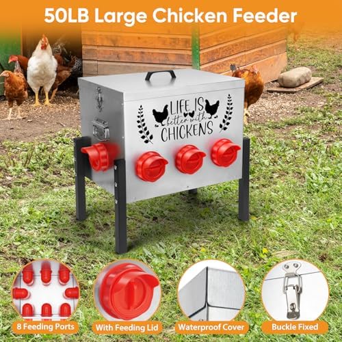 TGEYD 50LB Large Automatic Chicken Feeder – 8 Feeding Ports, No-Waste Poultry Feeder, with Adjustable Legs & Locking Lid