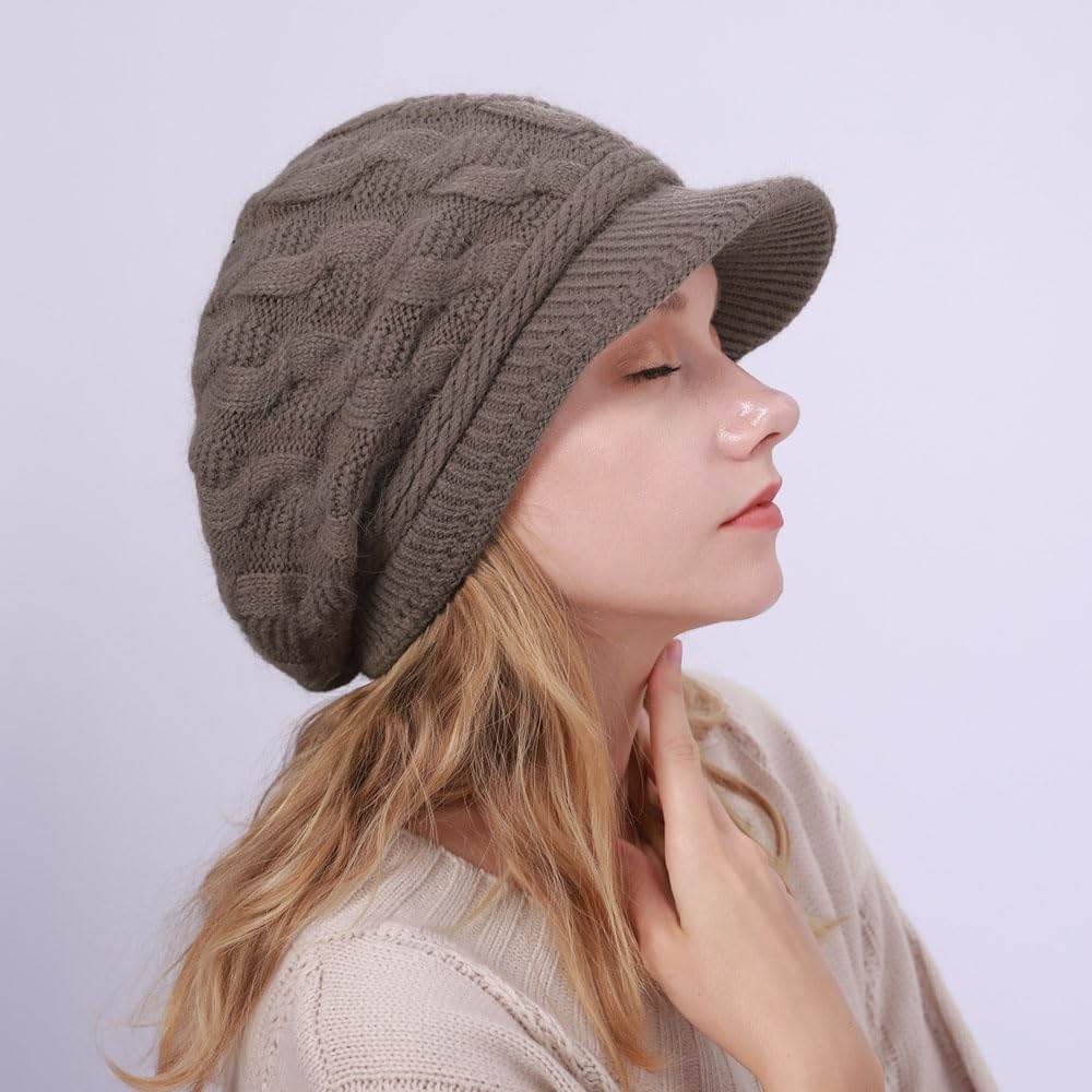 Kangqifen Women Winter Warm Knit Hat Fleece Lined Snow Ski Cap with Visor Khaki