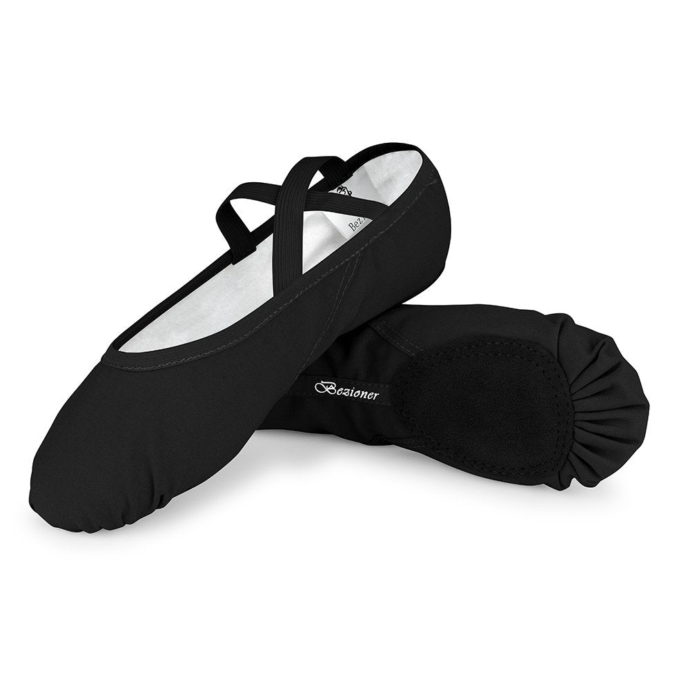 Bezioner Girls Canvas Ballet Shoes Ballet Slipper for Kids Women Yoga Shoes for Dancing-Black (Size 2 Big Kid)