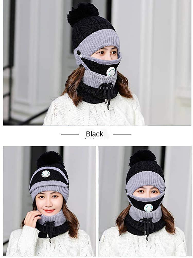 3pcs/Set Fashion Women Winter Knitted Hat Thickened Woolen Cap with Warm Mask and Neck Scarf (Black2)