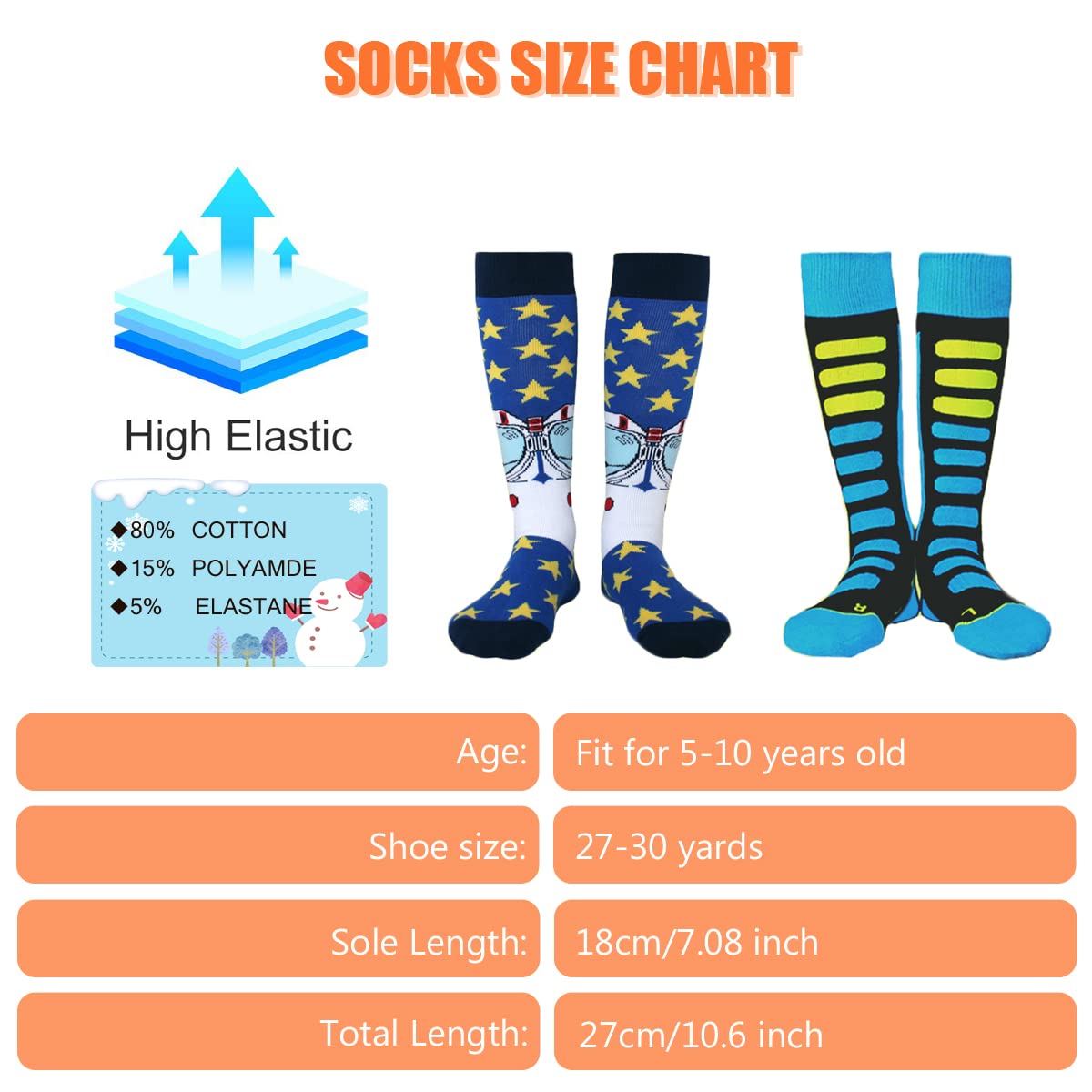 GOXUNYUAN Kids Ski Socks, Winter Warm Thick Thermal Long Socks Skiing Snowboarding Skating for Boys and Girls 2 Pairs Pack