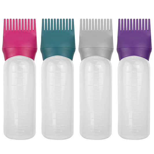 FZWONVUC 4 Pack Root Comb Applicator Bottle, Hair Oil Applicator, Oil Comb Applicator Bottle for Hair Dye Shampoos Hair Salons (Purple+Red+Grey+Green)