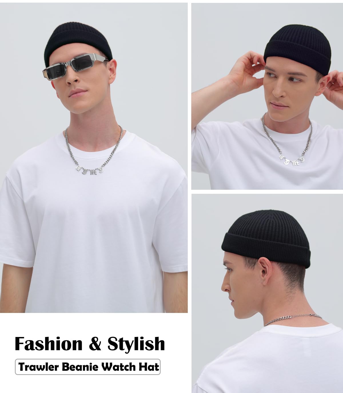 ROYBENS 2PCS Thin Swag Wool Knit Cuff Short Fisherman Beanie for Men Women, Winter Warm Hats,Trawler Watch Hat Soft Spring Fall Skull Cap Unisex