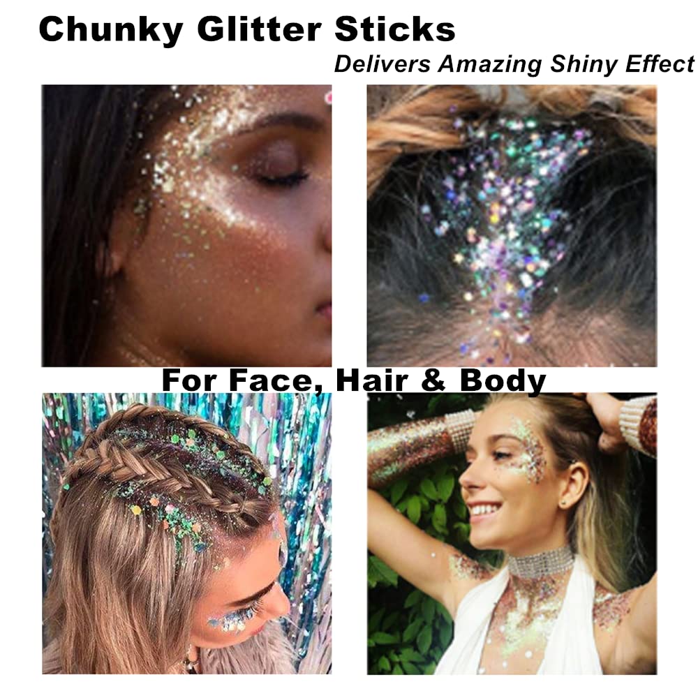 Mysense Gold Body Glitter Stick, Mardi Gras Face Glitter Makeup, Festival Rave Accessories for Women, Mermaid Sequins Chunky Glitter Face Paint, Hair Glitter Gel for Kids, 0.56oz