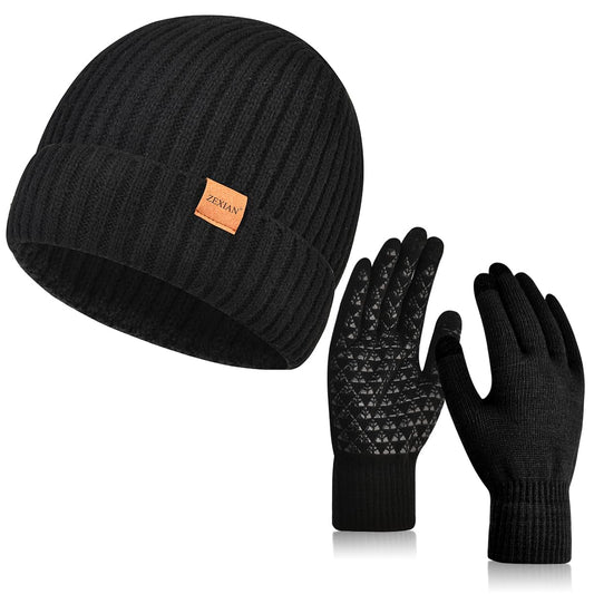 ZEXIAN Womens&Mens Winter Warm Skull Beanie Hat and Touchscreen Gloves with Knit Fleece Lined for Cold Weather（Black）