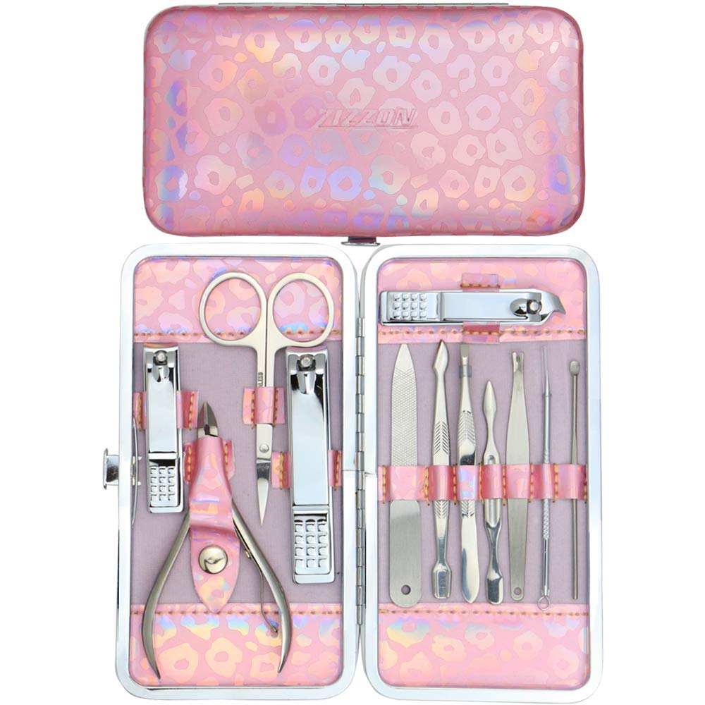 ZIZZON Nail Clippers Kit Manicure Pedicure Set with Holographic Case(Pink)