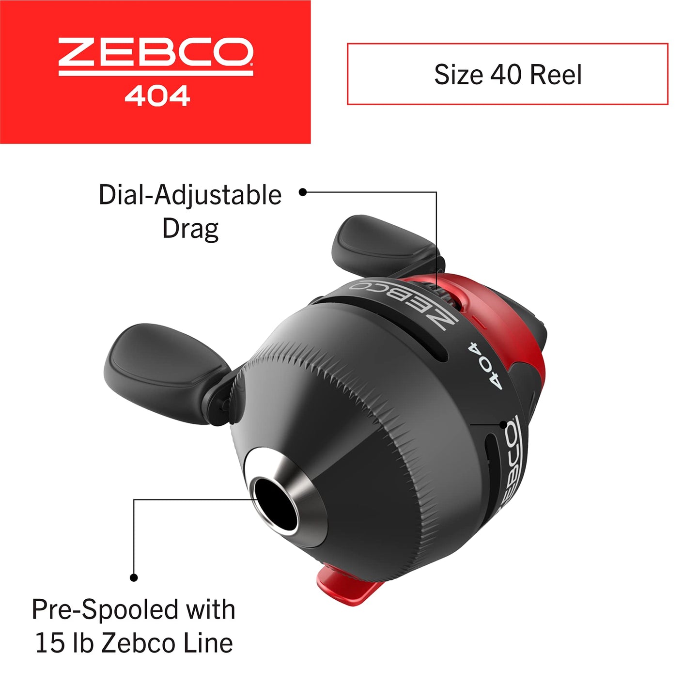 Zebco 404 Spincast Reel and Fishing Rod Combo, 6-Foot 2-Piece Fishing Pole, Size 40 Reel, Right-Hand Retrieve, Pre-Spooled with 15-Pound Zebco Line, Black/Red