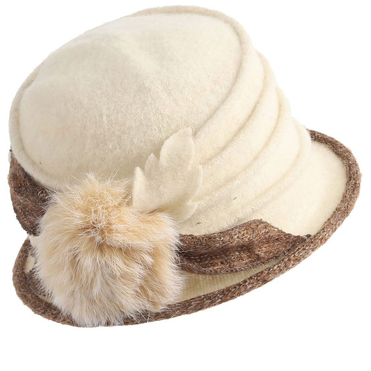 Vintage Women Floral Wool Dress Cloche Winter Hat 1920s (C030-D-Cream)
