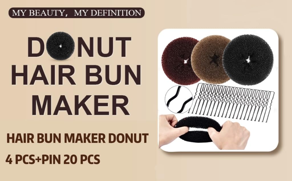 Hair Bun Maker for Women, 4pcs Donut Bun Maker for Kids in 4 Sizes, Magic Hair Donut for French Twist, Wrap, Snap Disk - Ballet Bun Maker,20pcs Bobby Pins Dark Brown