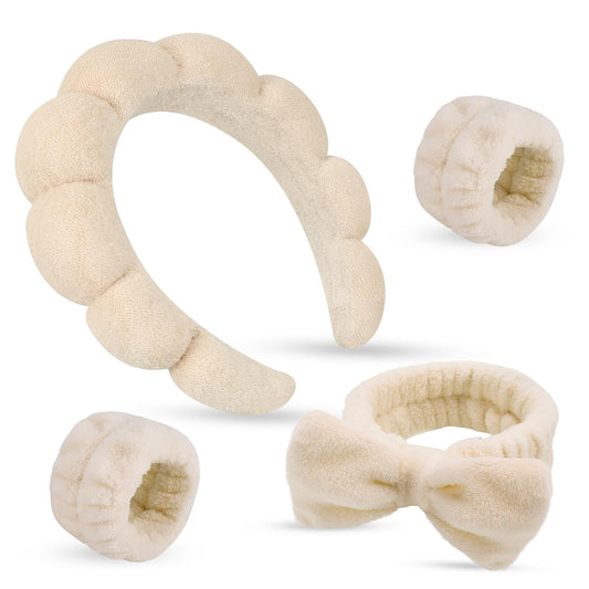 ATROCH SPA Headband for Women - Soft & Comfortable Makeup Head band for Face Wash - 4 Pcs Bubble Skincare Headbands & Wristband Set for Girls, Ideal for Washing Face, Makeup, and Skin Care Routine