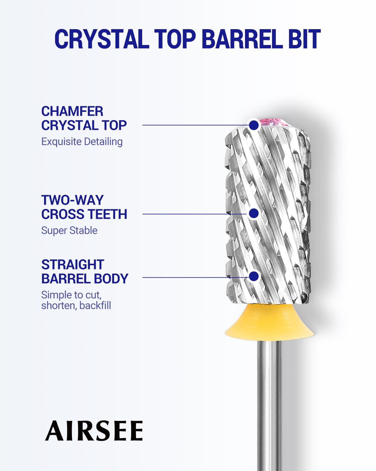 AIRSEE Tungsten Carbide Acrylic Nail Drill Bit Efile Electric File Machine Head Tip for Manicure Polishing Art Remove Gel 3/32" 2 Way Beginner Safety Pink Crystal Top Barrel 2X Coarse-2XC