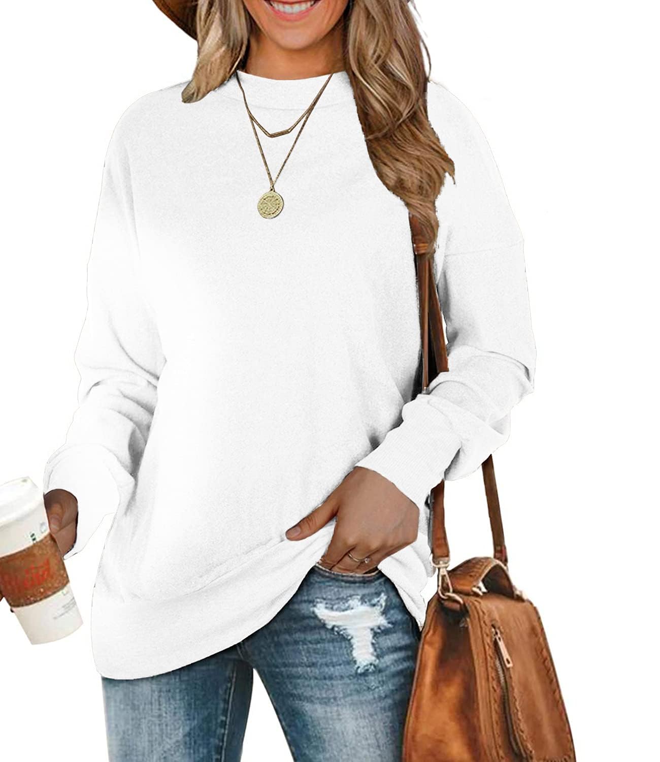 BEUFRI Sweatshirts for Women for Leggings Long Sleeve Fall Top Winter Sweaters White 2XL