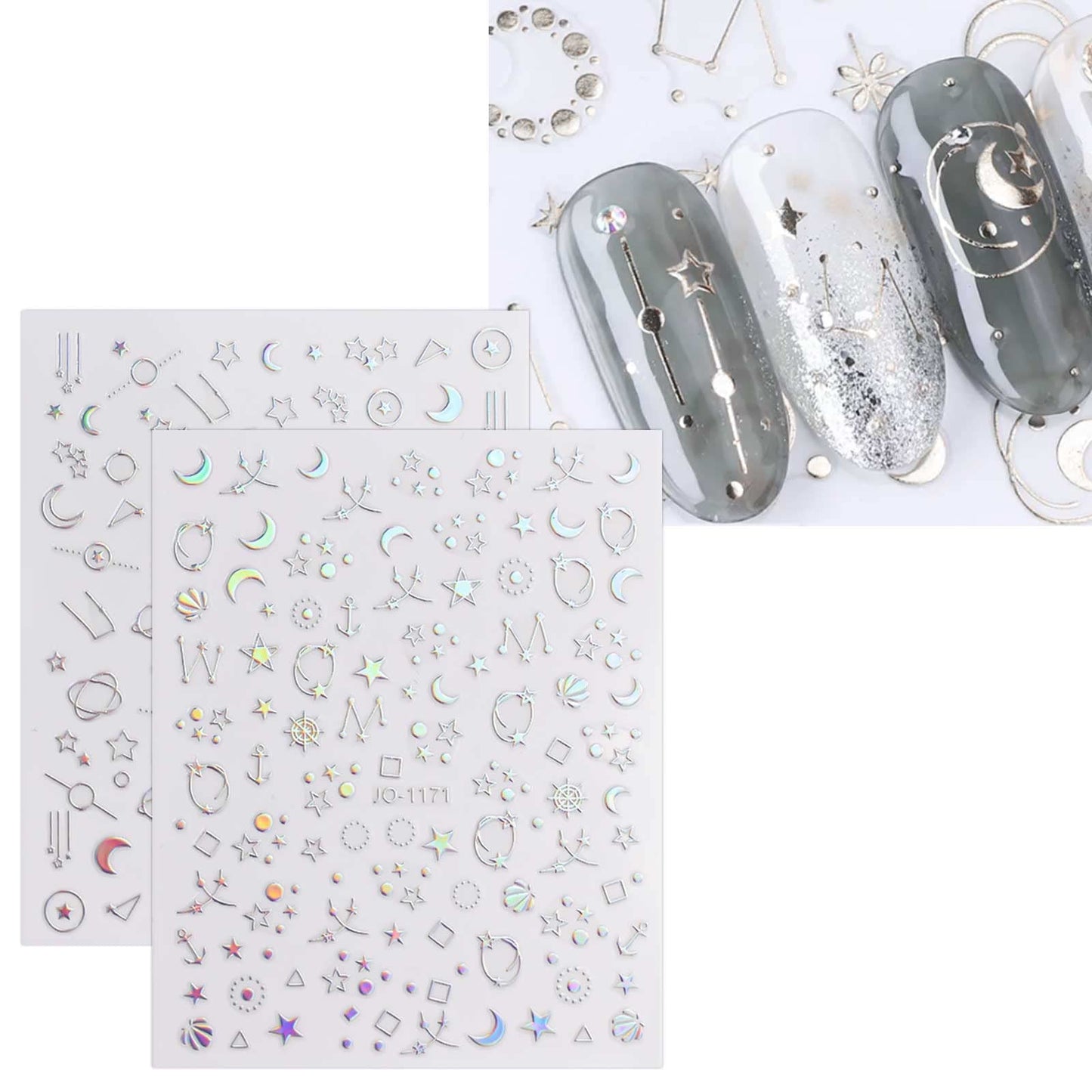 JMEOWIO 12 Sheets Aurora Nail Art Stickers Decals Self-Adhesive Pegatinas Uñas Glitter Holographic Star Heart Nail Supplies Nail Art Design Decoration Accessories