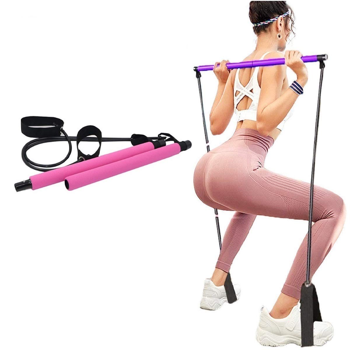 Portable Yoga Exercise Pilates Bar, Yoga Pilates Bar Reformer Kit, Pilates Bar Kit with Resistance Band,Home Gym Pilates with Foot Loop for Total Body Workout (Pink)