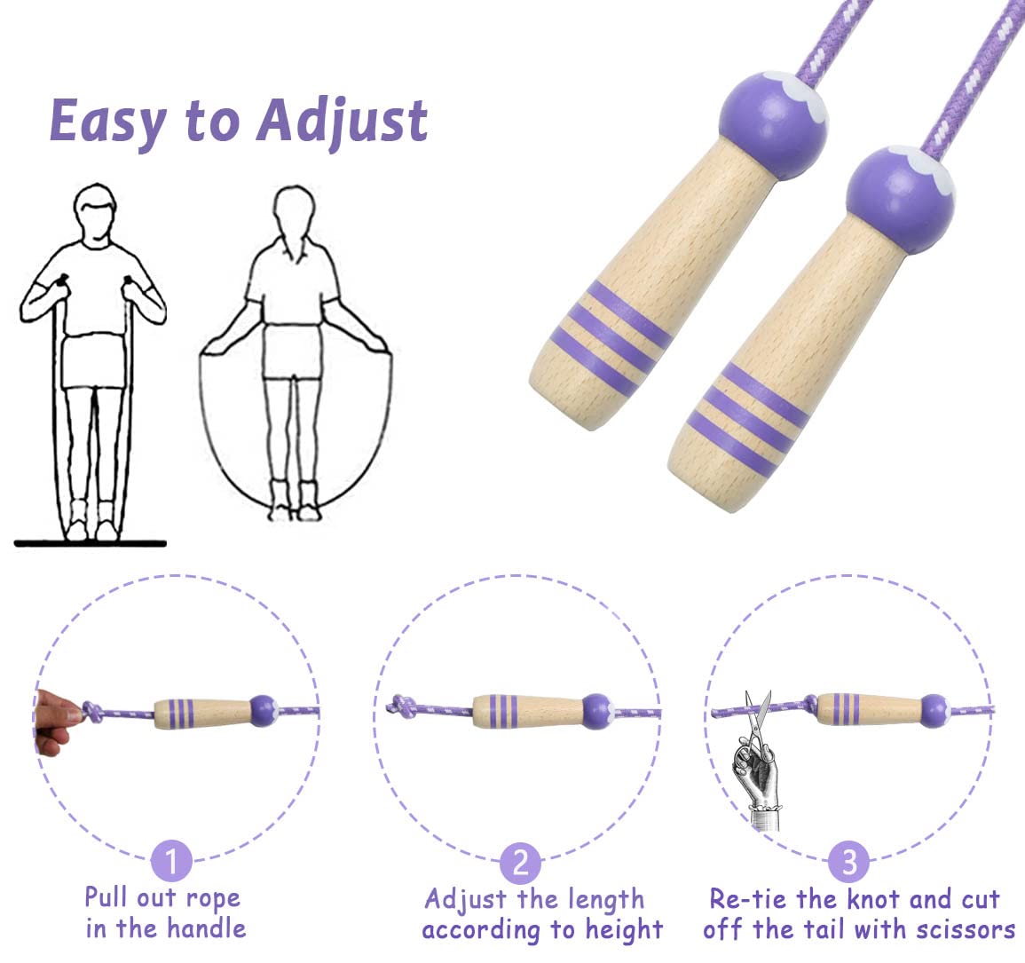 Jump Rope Kids,8.5ft Adjustable Cotton Skipping Rope with Wooden Handle for Boys and Girls Fitness Outdoor Exercise (Purple)
