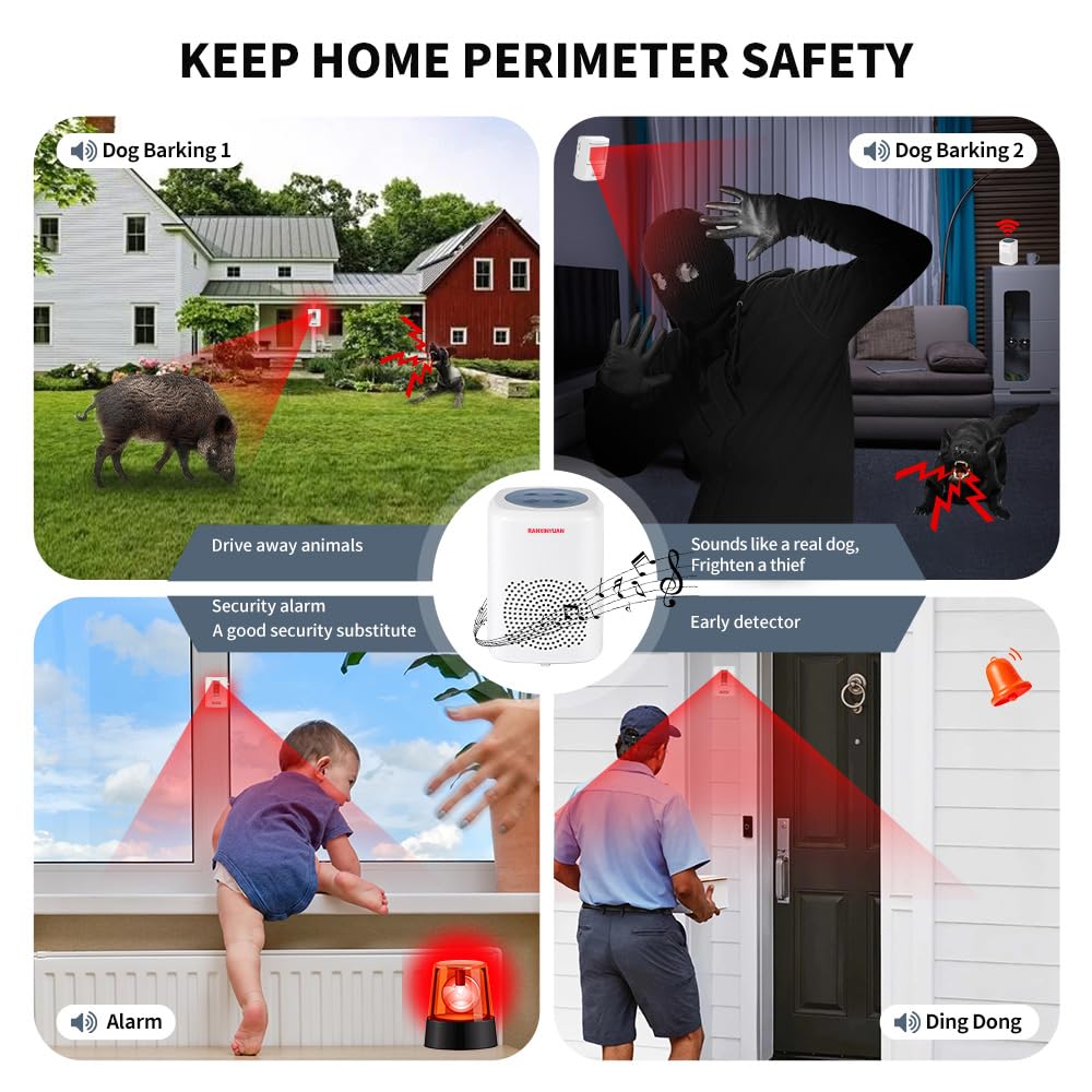 RANXINYUAN Barking Dog Motion Sensor-Pir Human Body Dog Barking Alarm Realistic Wireless Loud 1000Ft Door Chimes Home Security 1 Receiver 1 Motion Dectector Driveway Alarm Kit…