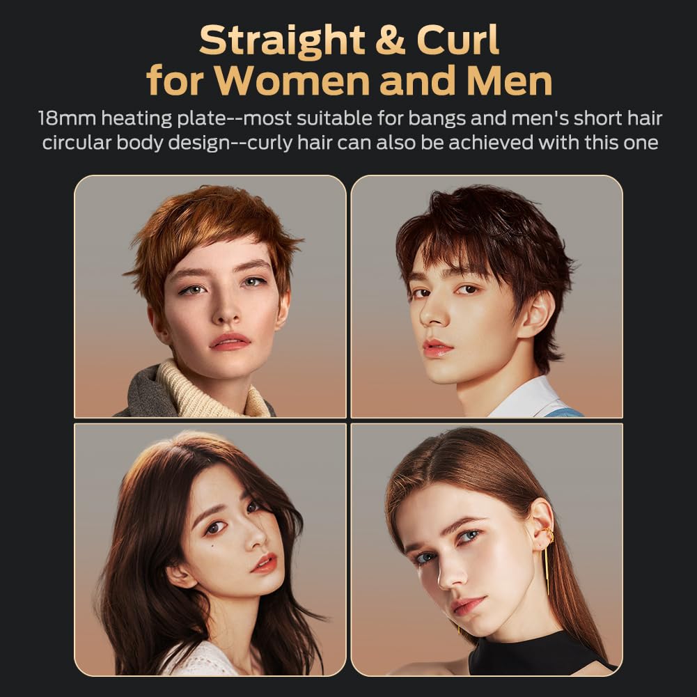 Cordless Hair Straightener and Curler 2 in 1 Ceramic Flat Iron Mini Wireless Portable Travel Hot Tools Straight Curl for Women Men USB Rechargeable with Pouch (Black)